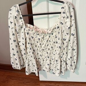 H&M Cream and Blue Floral Smocked Blouse